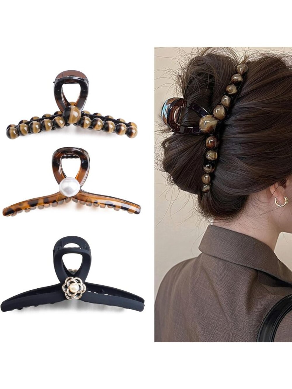 Chic Large Pearl Hair Claw Clips for Women - Brown & Black, 5 Inch Stylish